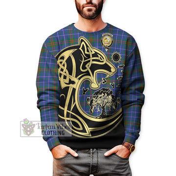 Edmonstone Tartan Sweatshirt with Family Crest Celtic Wolf Style