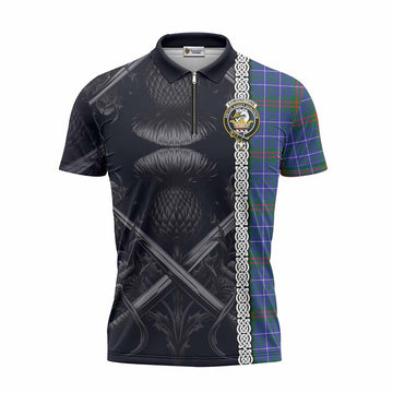 Edmonstone Tartan Zipper Polo Shirt with Family Crest Cross Sword Thistle Celtic Vibes Unisex - Tartan Vibes Clothing