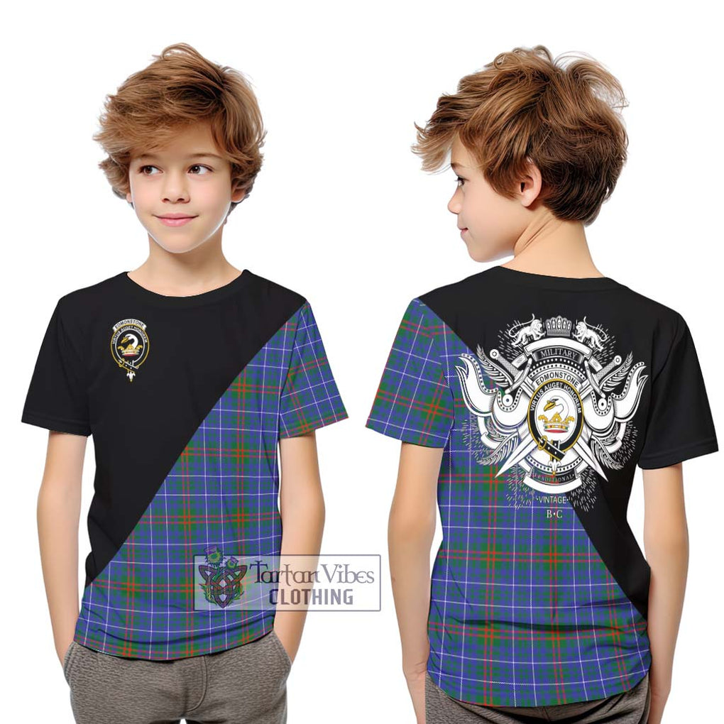 Edmonstone Tartan Kid T-Shirt with Family Crest and Military Logo Style Youth XL Size14 - Tartanvibesclothing Shop