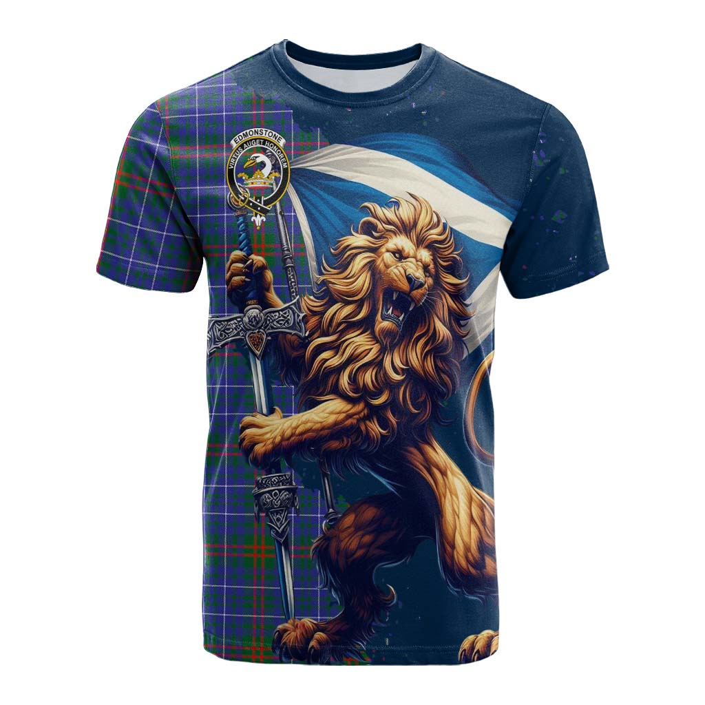 Tartan Vibes Clothing Edmonstone Tartan Family Crest Cotton T-shirt with Scottish Majestic Lion