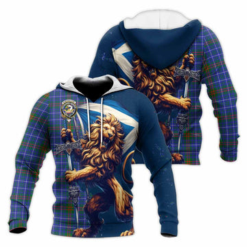 Edmonstone Tartan Family Crest Knitted Hoodie with Scottish Majestic Lion