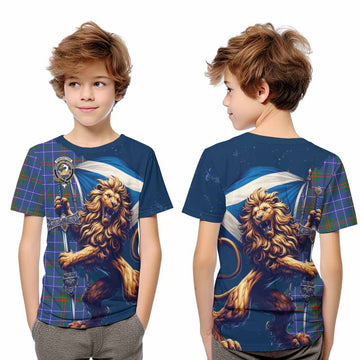 Edmonstone Tartan Family Crest Kid T-Shirt with Scottish Majestic Lion