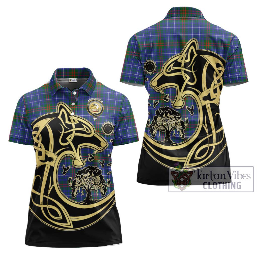 Edmonstone Tartan Women's Polo Shirt with Family Crest Celtic Wolf Style Women - Tartanvibesclothing Shop