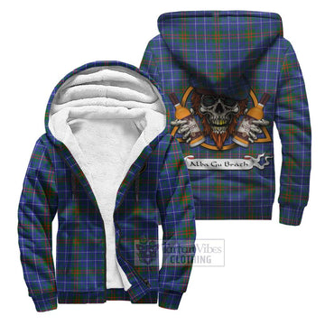 Edmonstone Tartan Sherpa Hoodie with Family Crest and Bearded Skull Holding Bottles of Whiskey