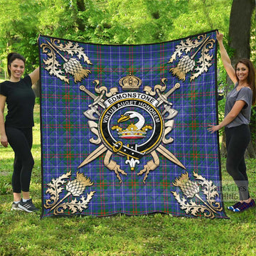 Edmonstone Tartan Quilt with Family Crest and Scottish Golden Courage Shield