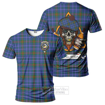 Edmonstone Tartan T-Shirt with Family Crest and Bearded Skull Holding Bottles of Whiskey