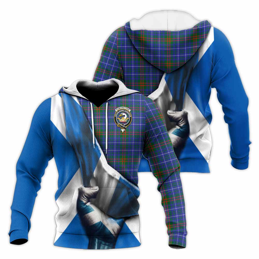 Tartan Vibes Clothing Edmonstone Tartan Knitted Hoodie with Family Crest Scotland Patriotic Style