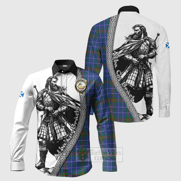 Edmonstone Tartan Clan Crest Long Sleeve Button Shirt with Highlander Warrior Celtic Style Men's Shirt S - Tartan Vibes Clothing