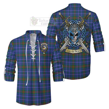 Edmonstone Tartan Ghillie Kilt Shirt with Family Crest Celtic Skull Style Men - Tartan Vibes Clothing