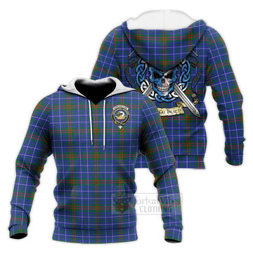 Edmonstone Tartan Knitted Hoodie with Family Crest Celtic Skull Style