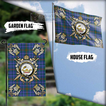 Edmonstone Tartan Flag with Family Crest and Golden Thistle Crossed Sword Design