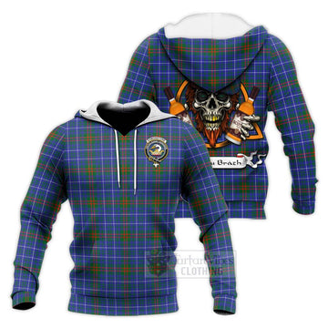 Edmonstone Tartan Knitted Hoodie with Family Crest and Bearded Skull Holding Bottles of Whiskey