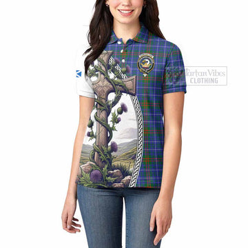 Edmonstone Tartan Women's Polo Shirt with Family Crest and St. Andrew's Cross Accented by Thistle Vines