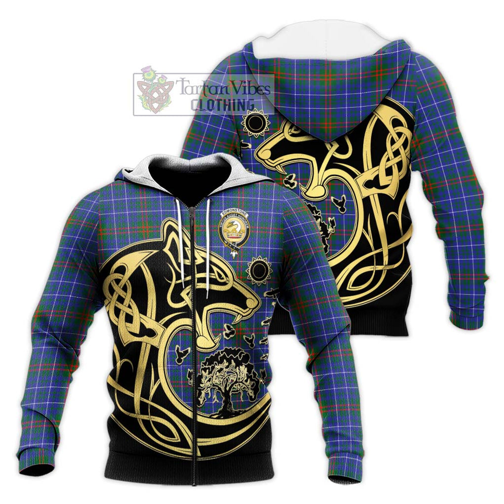 Edmonstone Tartan Knitted Hoodie with Family Crest Celtic Wolf Style Unisex Knitted Zip Hoodie - Tartan Vibes Clothing