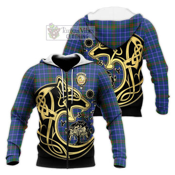 Edmonstone Tartan Knitted Hoodie with Family Crest Celtic Wolf Style