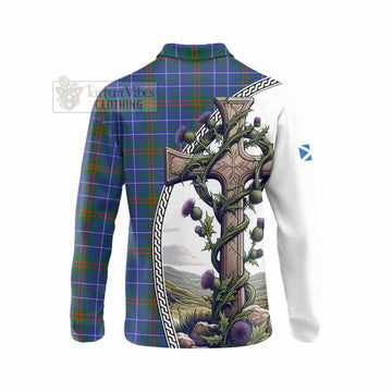 Edmonstone Tartan Long Sleeve Polo Shirt with Family Crest and St. Andrew's Cross Accented by Thistle Vines - Tartan Vibes Clothing
