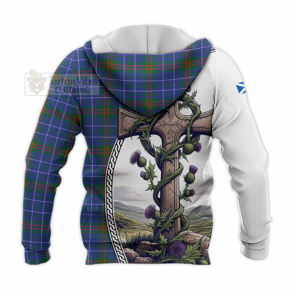 Tartan Vibes Clothing Edmonstone Tartan Knitted Hoodie with Family Crest and St. Andrew's Cross Accented by Thistle Vines