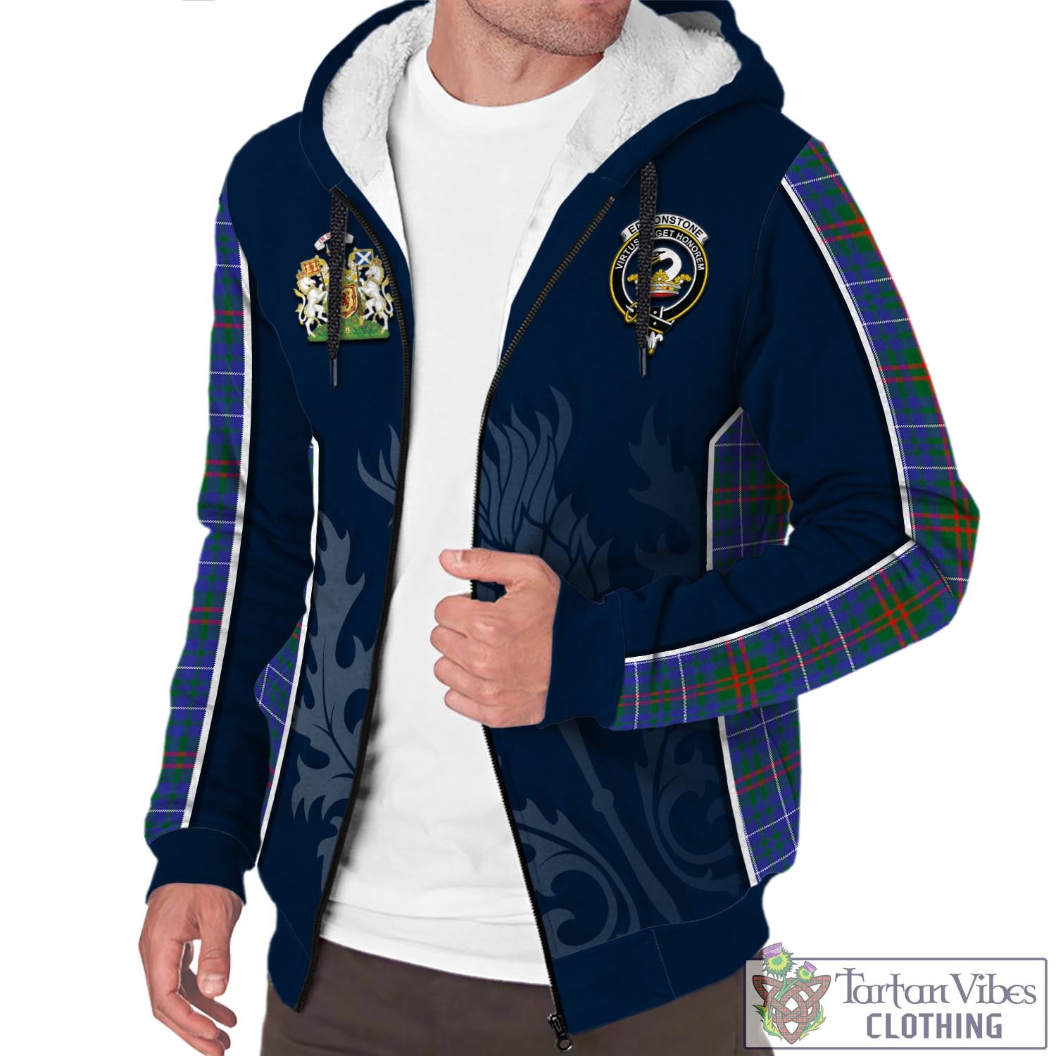 Tartan Vibes Clothing Edmonstone Tartan Sherpa Hoodie with Family Crest and Scottish Thistle Vibes Sport Style