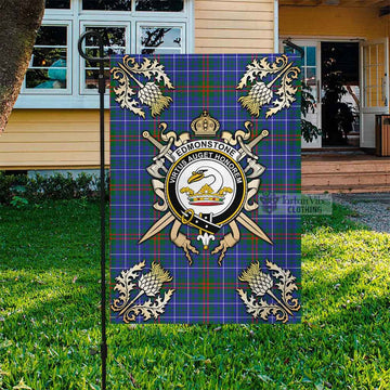 Edmonstone Tartan Flag with Family Crest and Golden Thistle Crossed Sword Design