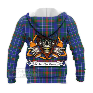 Edmonstone Tartan Knitted Hoodie with Family Crest and Bearded Skull Holding Bottles of Whiskey