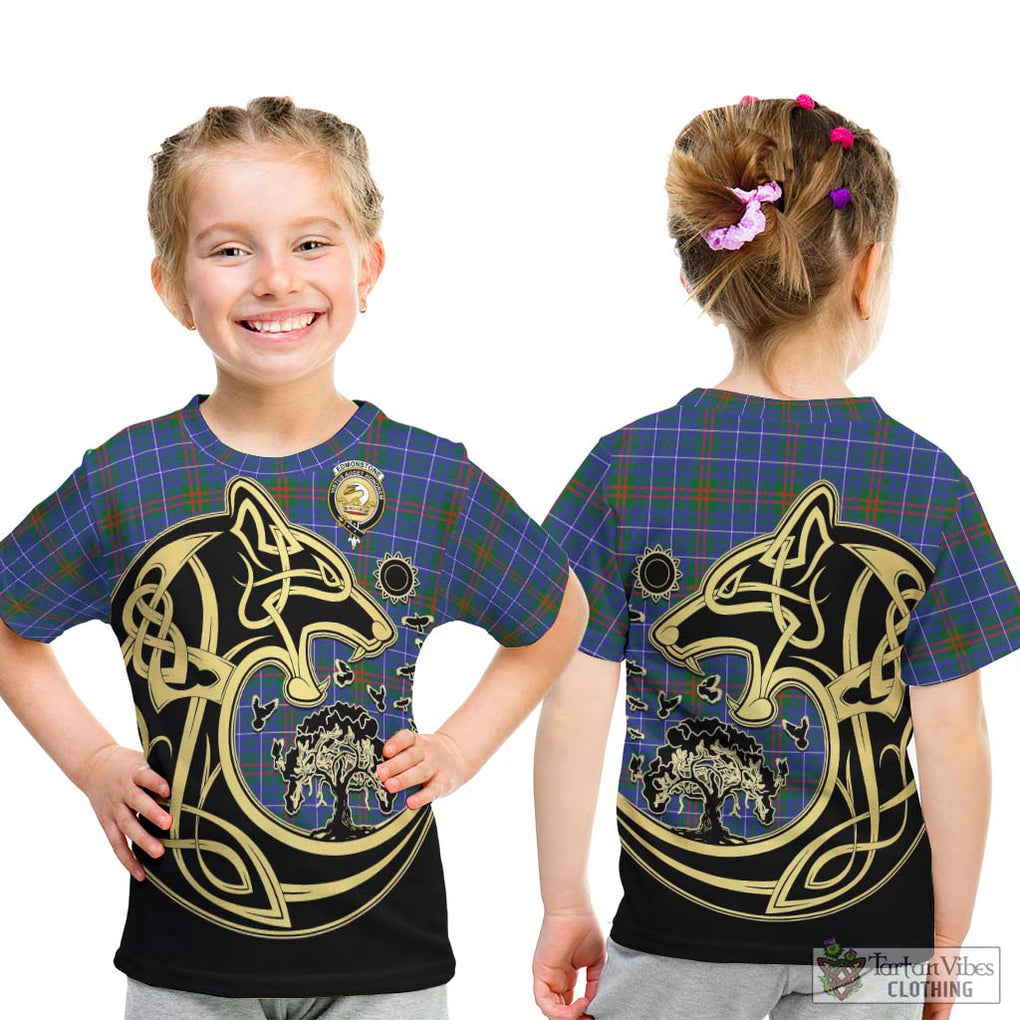 Edmonstone Tartan Kid T-Shirt with Family Crest Celtic Wolf Style - Tartan Vibes Clothing