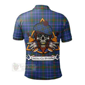 Edmonstone Tartan Polo Shirt with Family Crest and Bearded Skull Holding Bottles of Whiskey