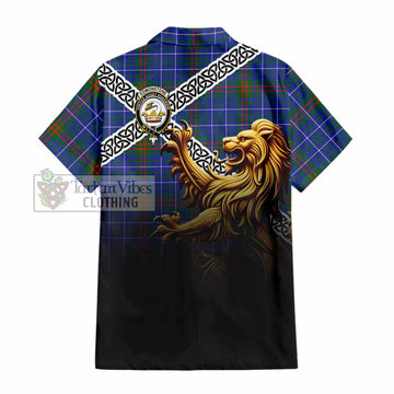 Edmonstone Crest Tartan Hawaiian Shirt with Golden Lion Emblem Celtic Style - Tartan Vibes Clothing