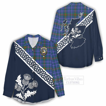 Edmonstone Tartan Women's Casual Shirt Featuring Thistle and Scotland Map