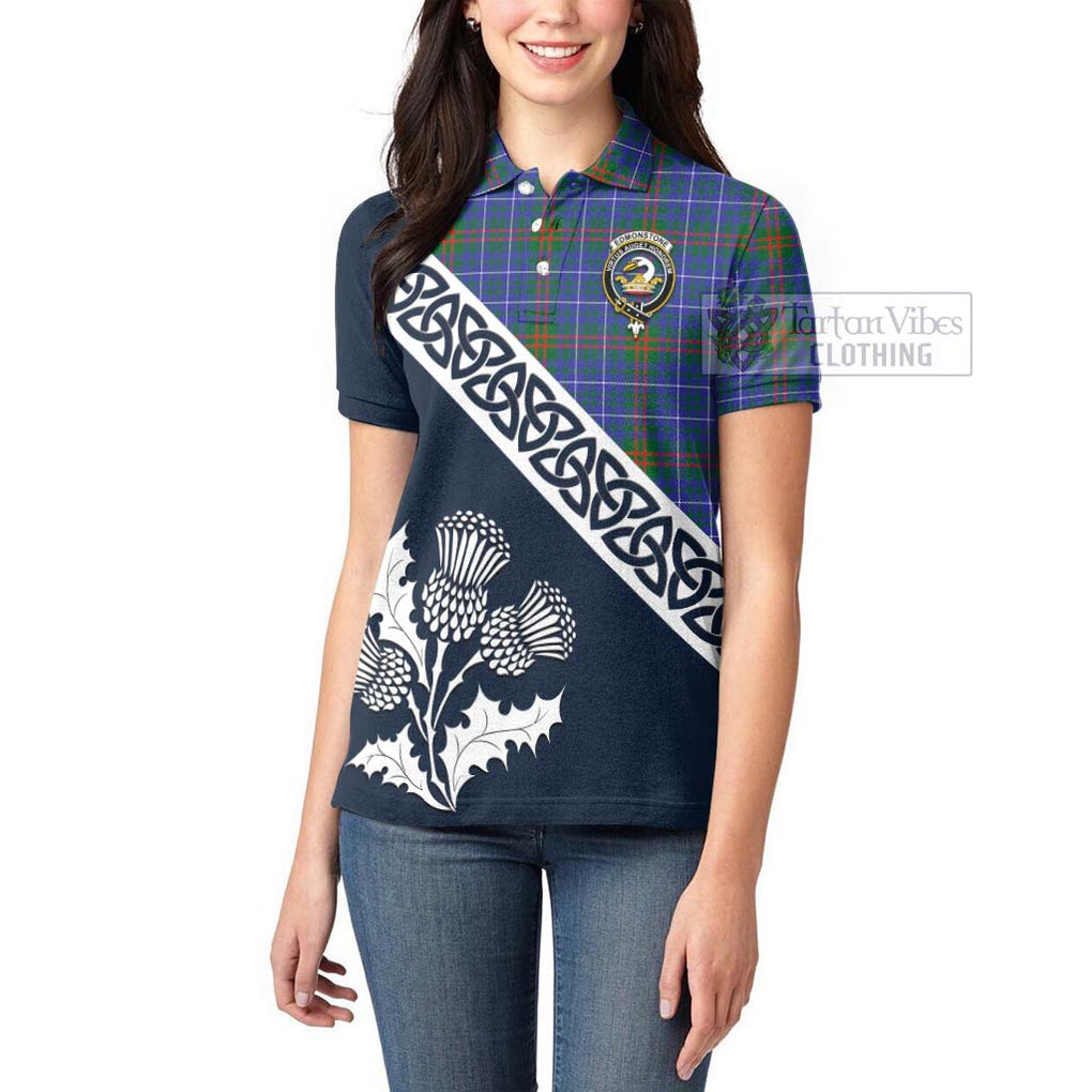 Tartan Vibes Clothing Edmonstone Tartan Women's Polo Shirt Featuring Thistle and Scotland Map