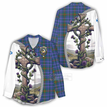 Edmonstone Tartan Women's Casual Shirt with Family Crest and St. Andrew's Cross Accented by Thistle Vines - Tartan Vibes Clothing