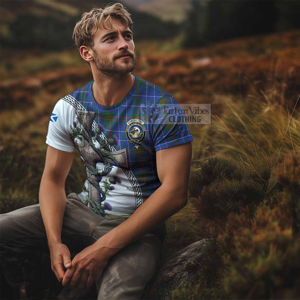 Tartan Vibes Clothing Edmonstone Agnew Tartan T-Shirt with Family Crest and St. Andrew's Cross Accented by Thistle Vines