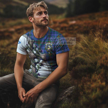 Edmonstone Tartan T-Shirt with Family Crest and St. Andrew's Cross Accented by Thistle Vines