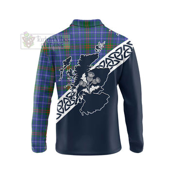 Edmonstone Tartan Long Sleeve Polo Shirt Featuring Thistle and Scotland Map - Tartan Vibes Clothing