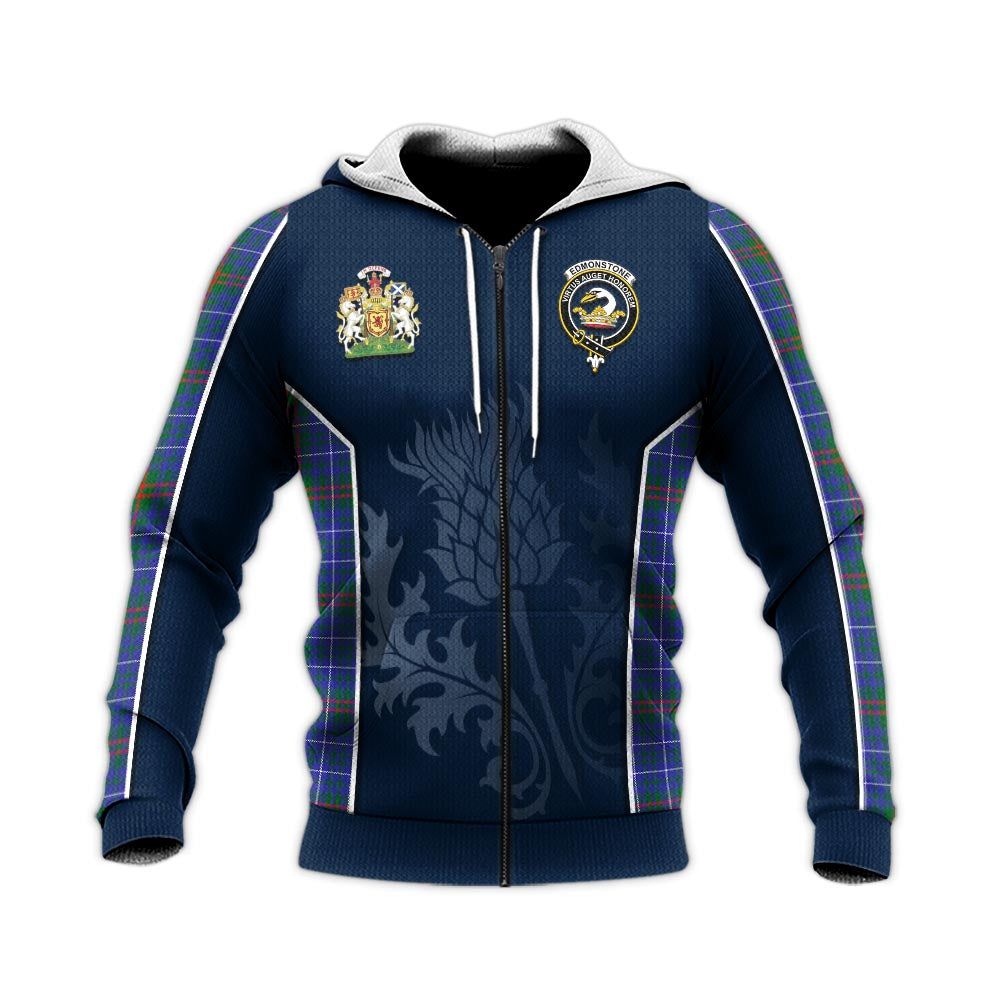 Tartan Vibes Clothing Edmonstone Tartan Knitted Hoodie with Family Crest and Scottish Thistle Vibes Sport Style