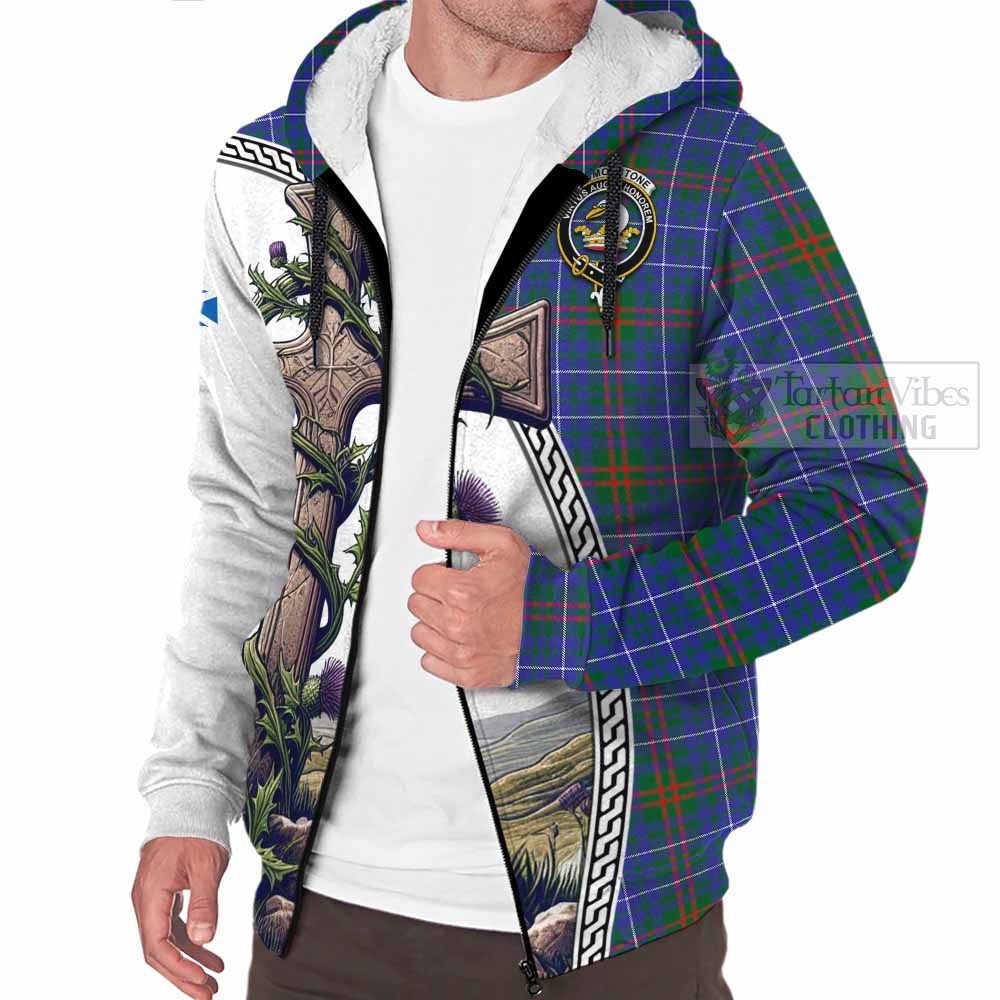 Tartan Vibes Clothing Edmonstone Tartan Sherpa Hoodie with Family Crest and St. Andrew's Cross Accented by Thistle Vines