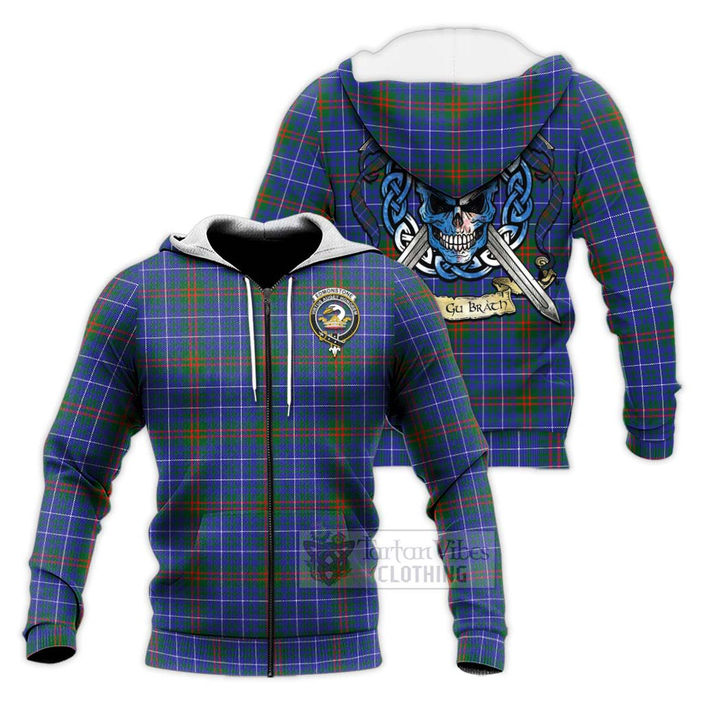 Tartan Vibes Clothing Edmonstone Tartan Knitted Hoodie with Family Crest Celtic Skull Style