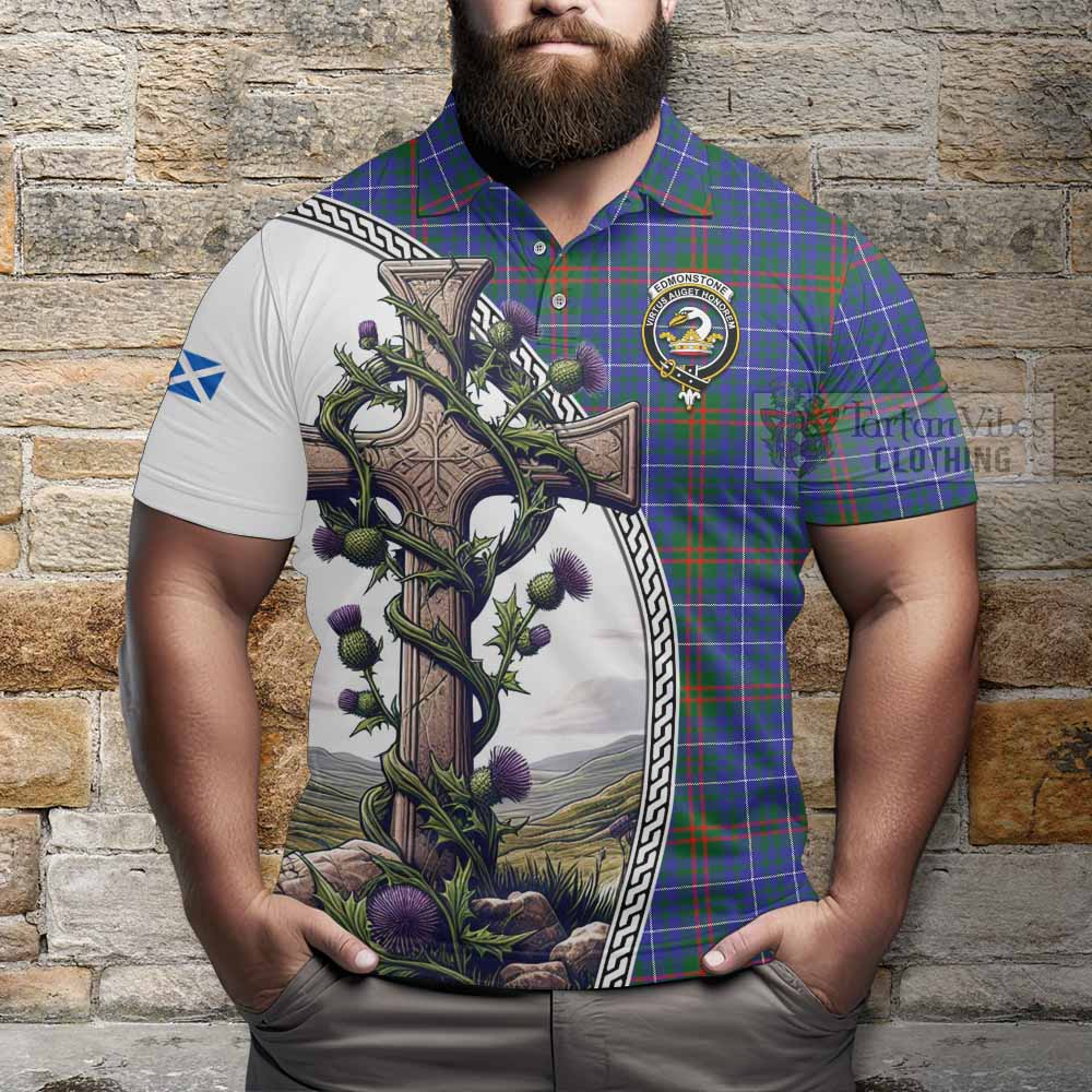 Tartan Vibes Clothing Edmonstone Tartan Polo Shirt with Family Crest and St. Andrew's Cross Accented by Thistle Vines