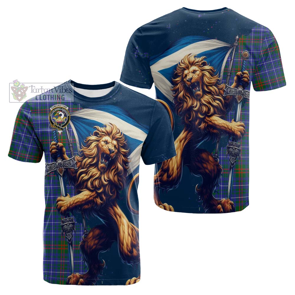 Tartan Vibes Clothing Edmonstone Tartan Family Crest Cotton T-shirt with Scottish Majestic Lion