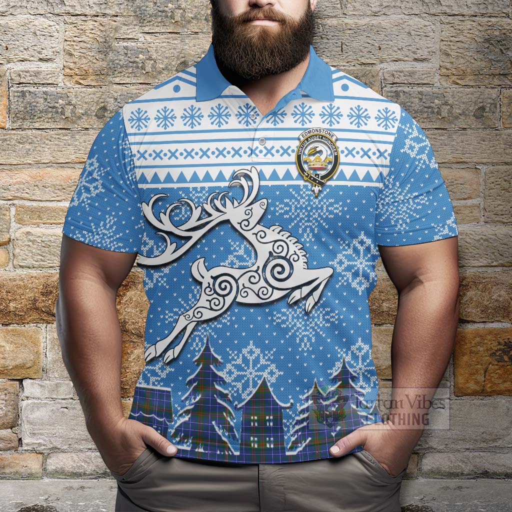 Tartan Vibes Clothing Edmonstone Clan Christmas Polo Shirt Celtic Reindeer Style