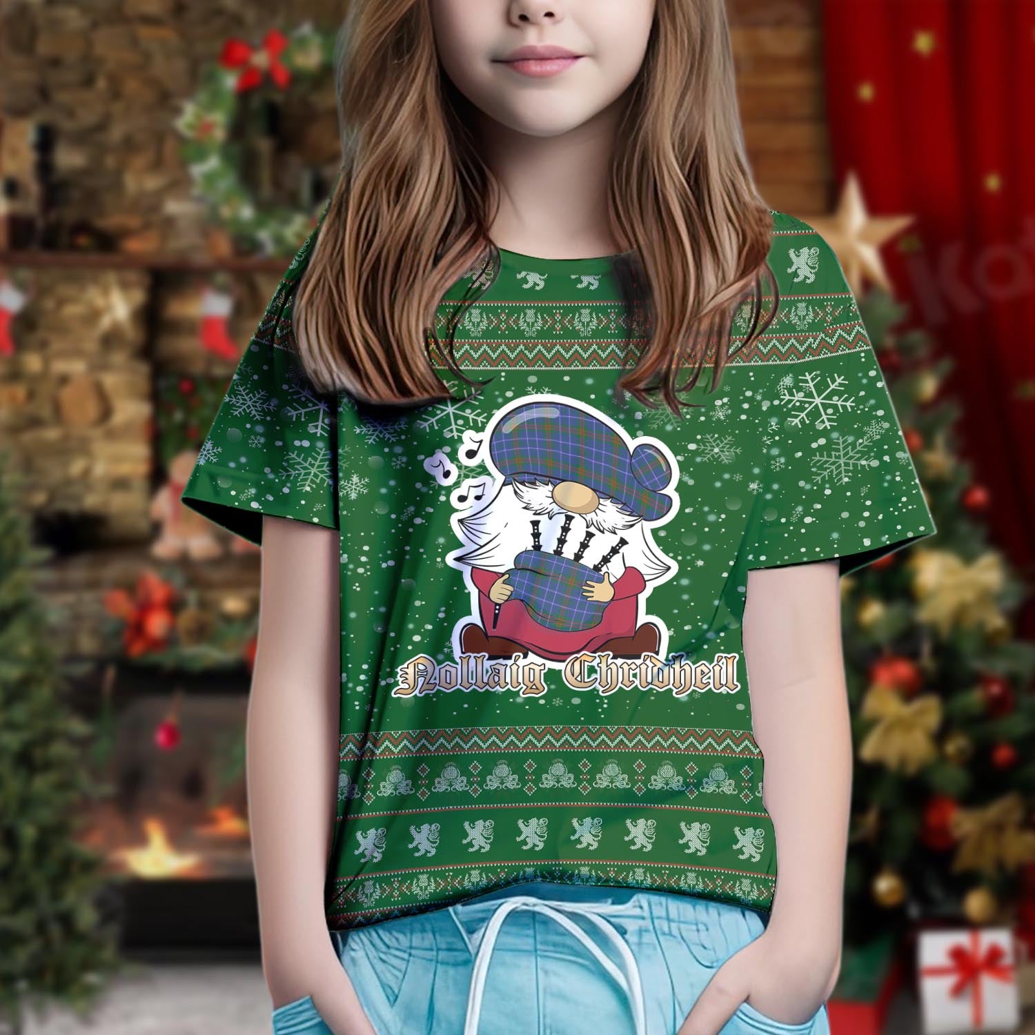 Edmonstone Clan Christmas Family T-Shirt with Funny Gnome Playing Bagpipes Kid's Shirt Green - Tartanvibesclothing