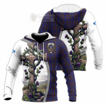 Elliot Tartan Knitted Hoodie with Family Crest and St. Andrew's Cross Accented by Thistle Vines