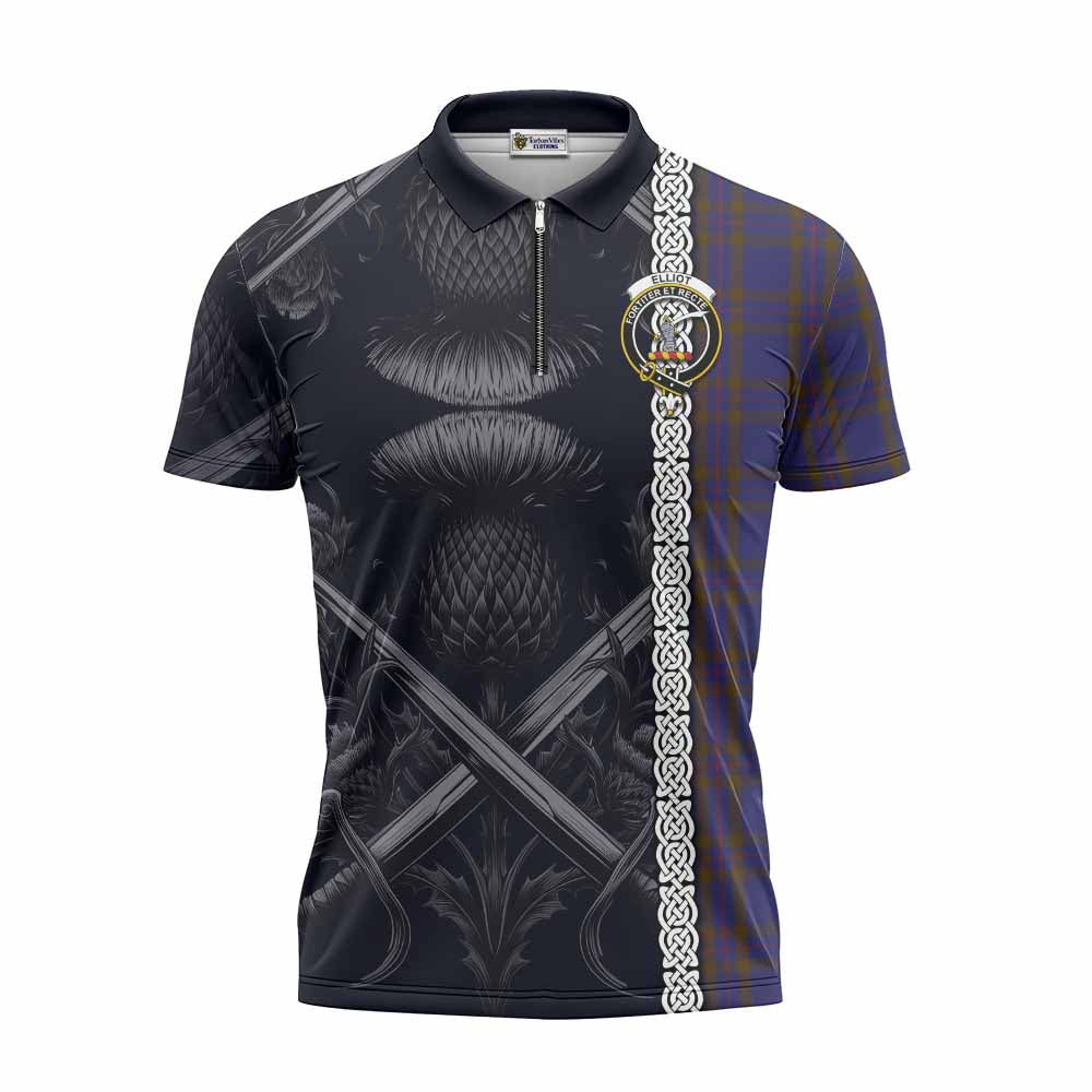 Tartan Vibes Clothing Elliot Tartan Zipper Polo Shirt with Family Crest Cross Sword Thistle Celtic Vibes