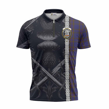 Elliot Tartan Zipper Polo Shirt with Family Crest Cross Sword Thistle Celtic Vibes