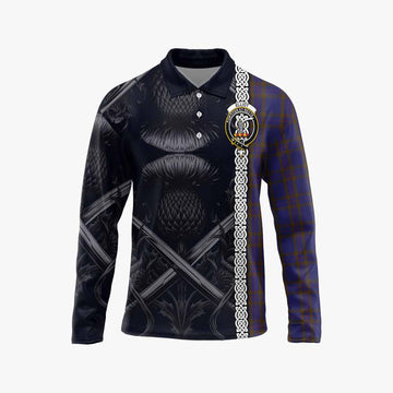 Elliot Tartan Long Sleeve Polo Shirt with Family Crest Cross Sword Thistle Celtic Vibes