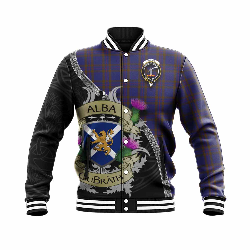 Elliot Tartan Family Crest Baseball Jacket Lion Rampant Royal Thistle Shield Celtic Inspired Unisex - Tartan Vibes Clothing