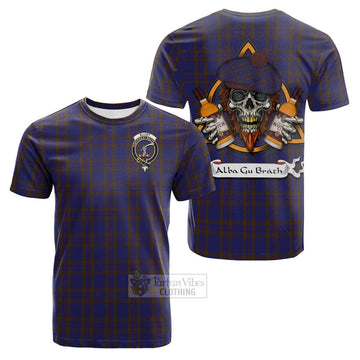 Elliot Tartan Cotton T-shirt with Family Crest and Bearded Skull Holding Bottles of Whiskey