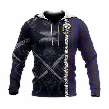 Elliot Tartan Knitted Hoodie with Family Crest Cross Sword Thistle Celtic Vibes