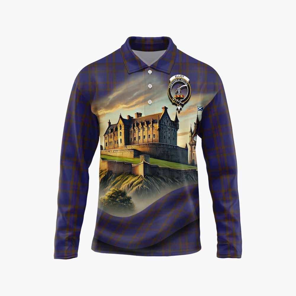 Elliot Tartan Family Crest Long Sleeve Polo Shirt with Scottish Ancient Castle Style Unisex - Tartan Vibes Clothing