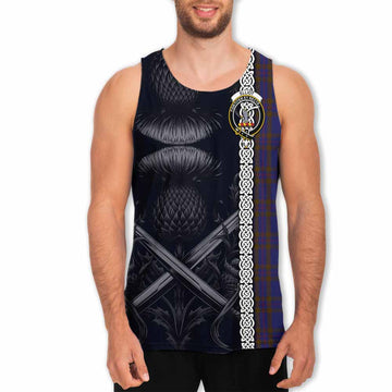 Elliot Tartan Men's Tank Top with Family Crest Cross Sword Thistle Celtic Vibes