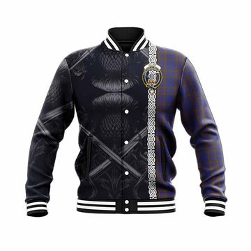 Elliot Tartan Baseball Jacket with Family Crest Cross Sword Thistle Celtic Vibes